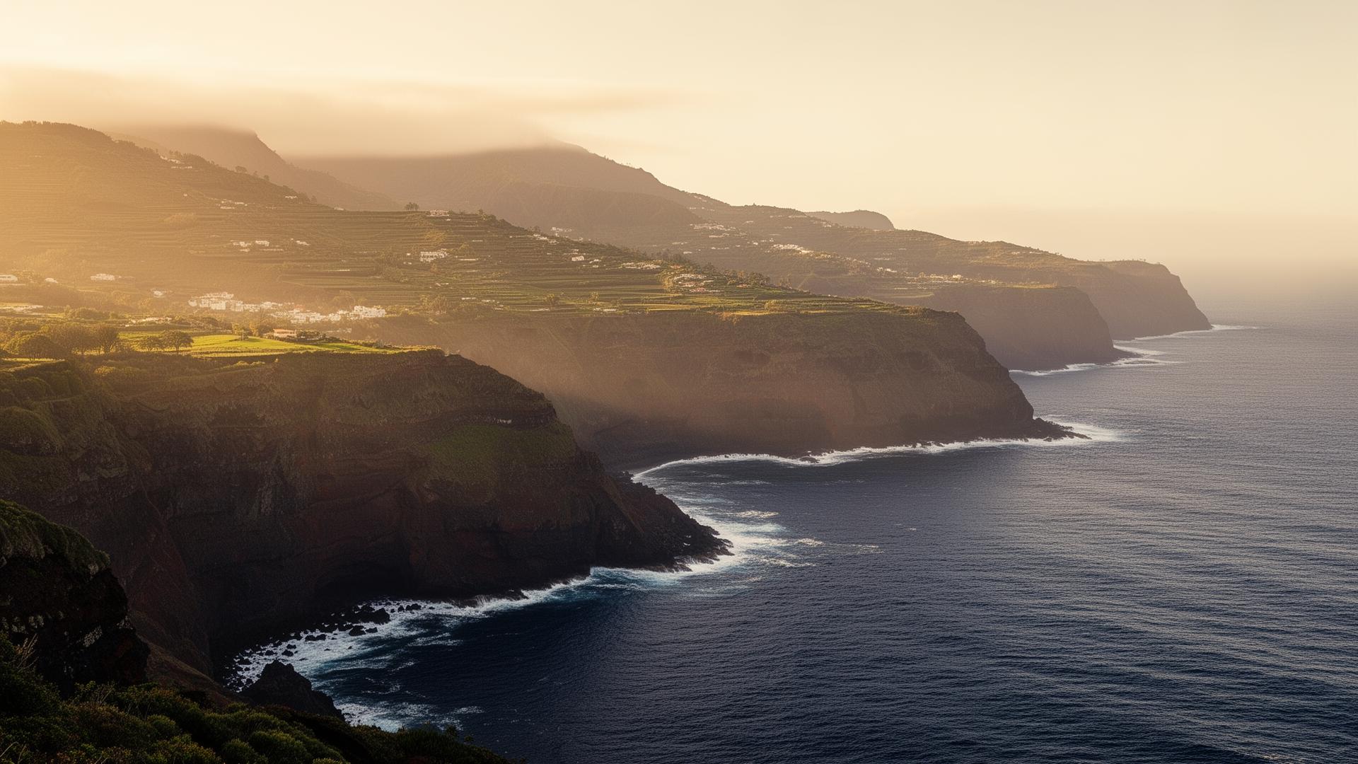 Costa vulcânica da Ilha da Madeira ao pôr do sol
